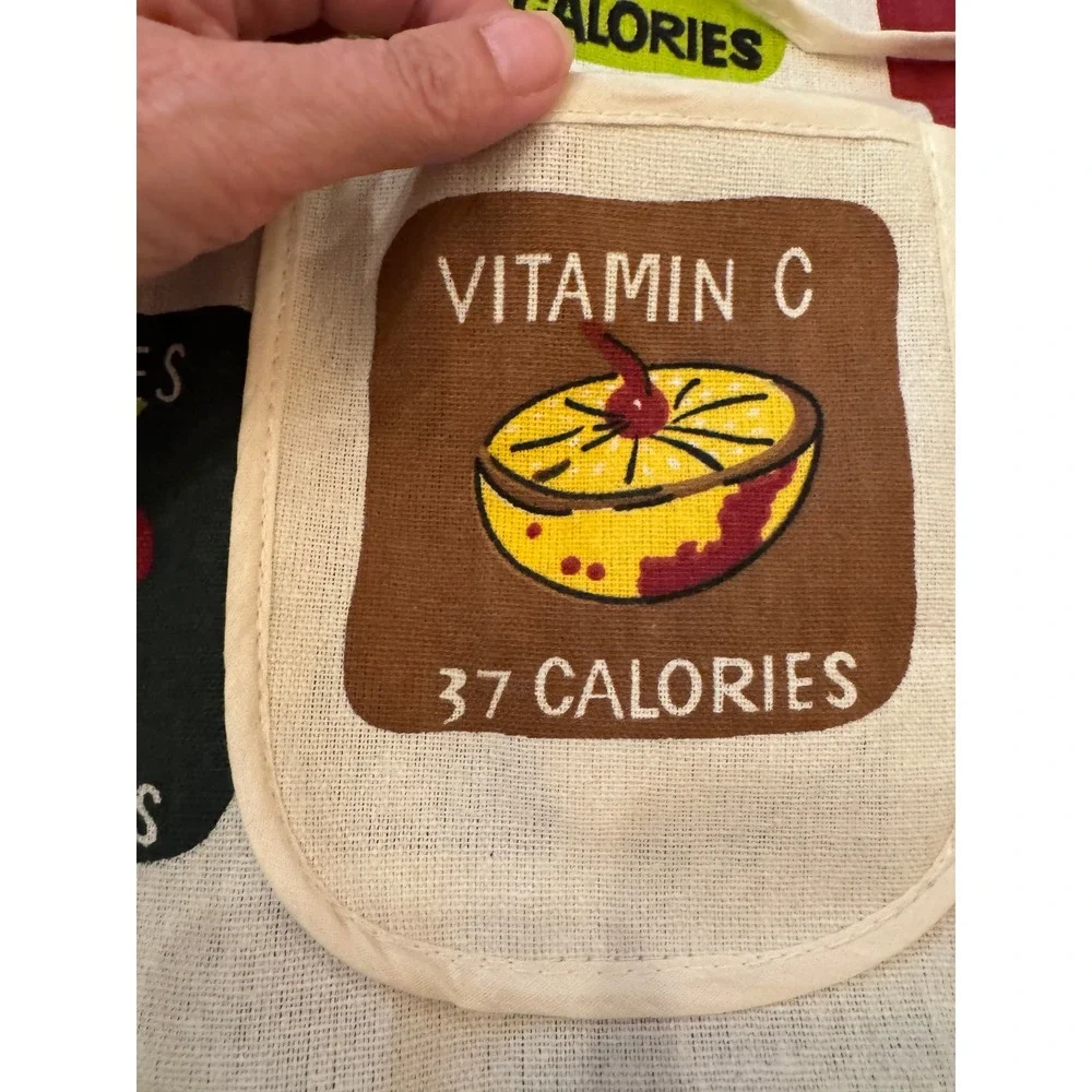 Vintage cotton apron with fruits, foods, and calories